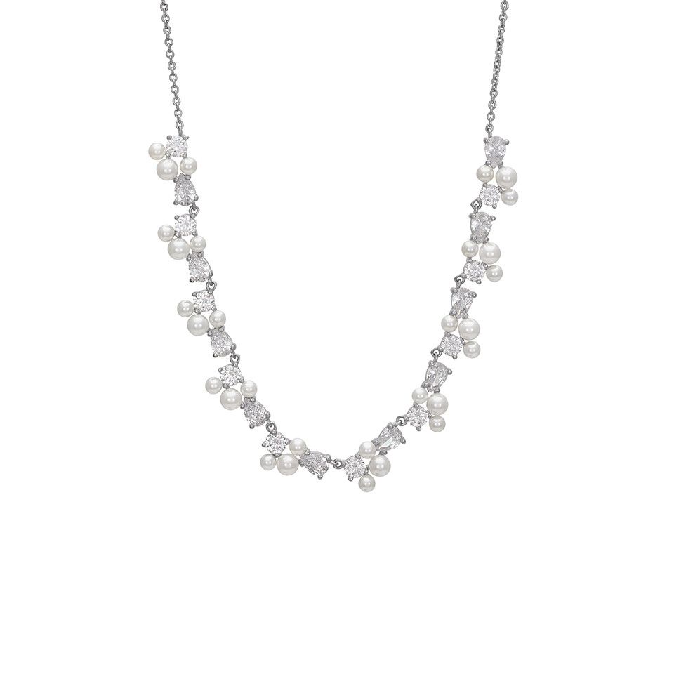 Halsband i &auml;kta silver med kubisk zirkonia och p&auml;rlor