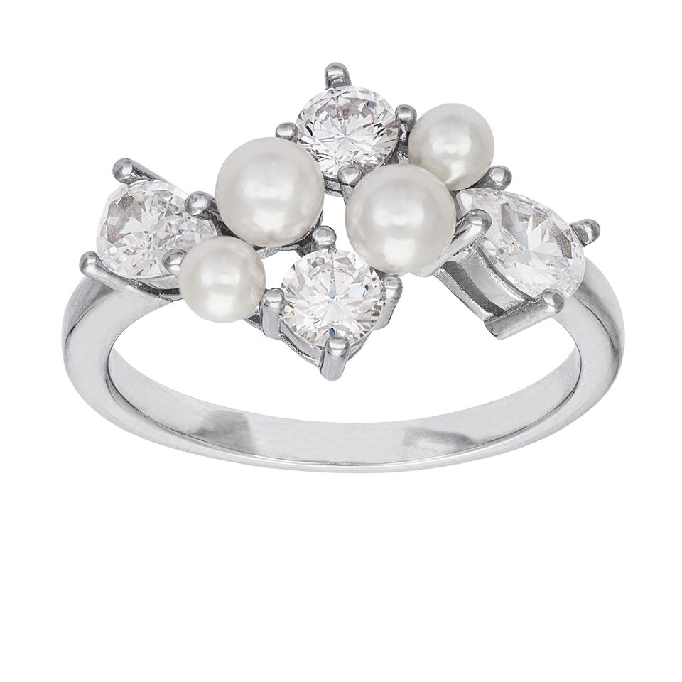 Ring i äkta silver med kubisk zirkonia och pärlor, 16.0