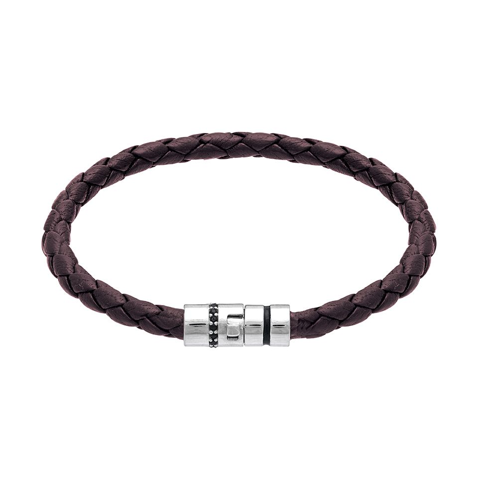 Armband i &auml;kta silver med brunt l&auml;der