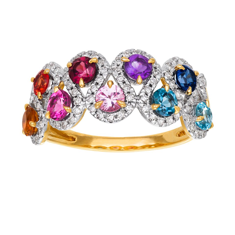 Diamantring i 18K guld med flera ädelstenar, 18.0